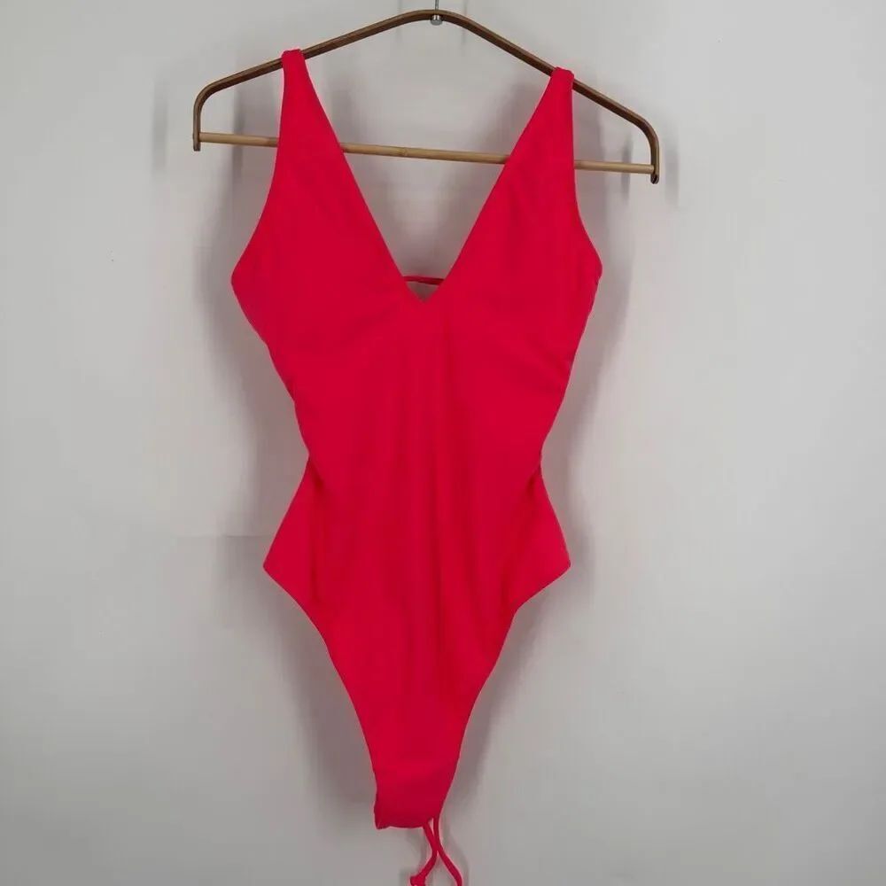 TA3 Hot Coral Lace Up Back V-Neck Plungey One-Piece Swimsuit Size Small NWT